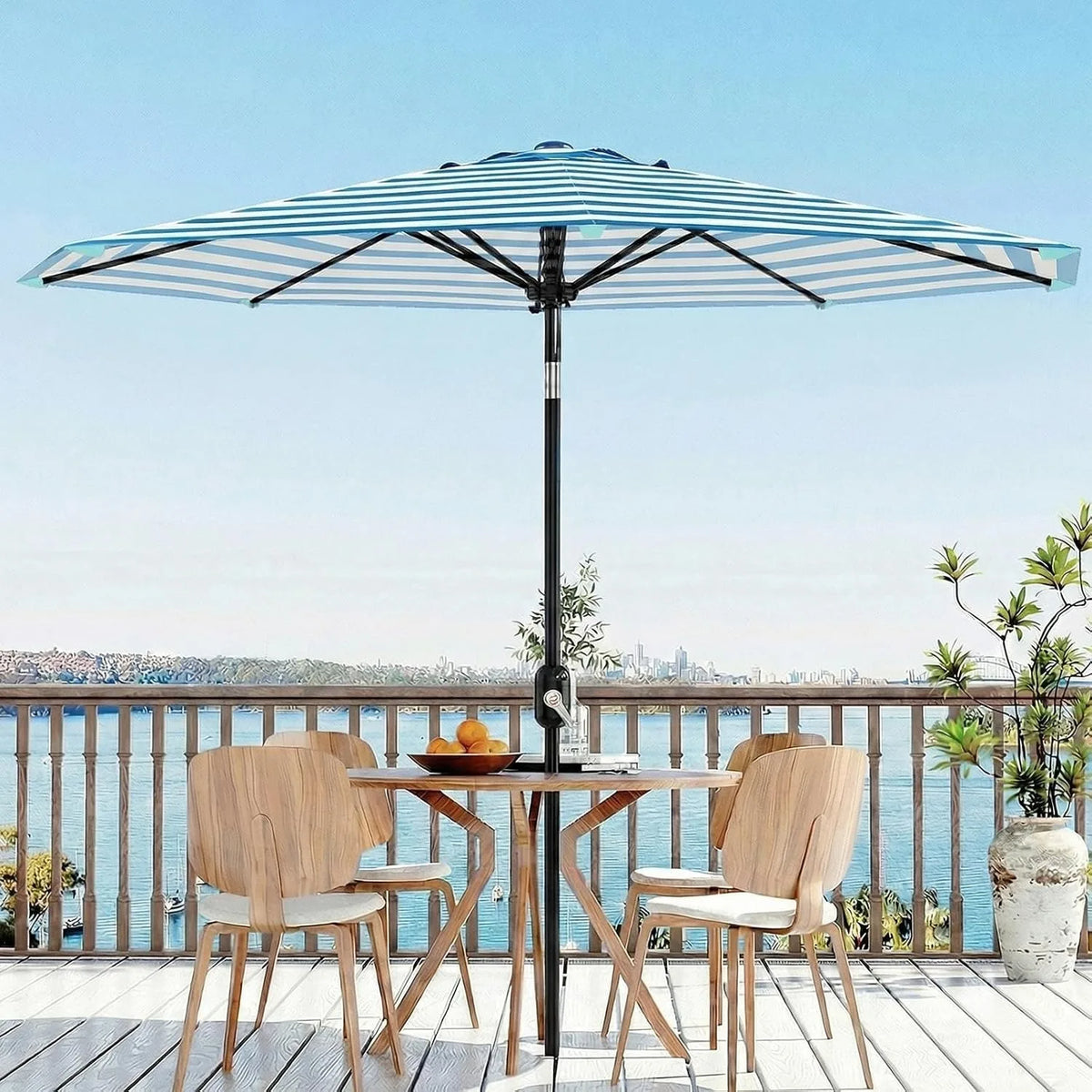 Octagonal Patio Umbrella, Blue & White Stripe Garden Parasol with Crank and Tilt, 270cm