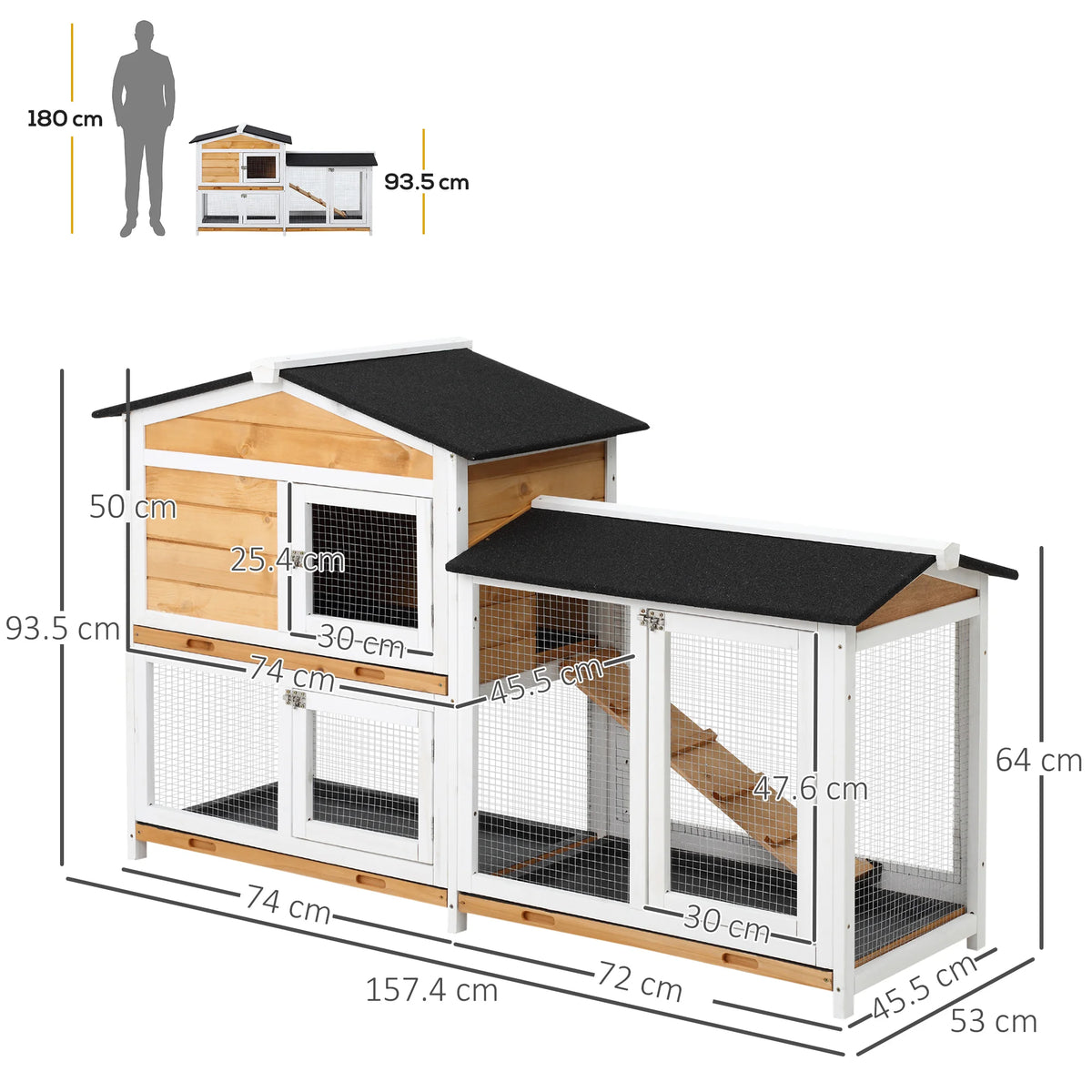2 Tier Wooden Rabbit Hutch with Run Ramp and Slide Out Trays Fir Wood Asphalt Roof Guinea Pig Cage