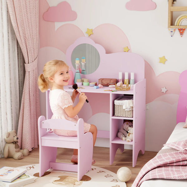 Kids Dressing Table and Chair Set with Mirror and Storage Compartments
