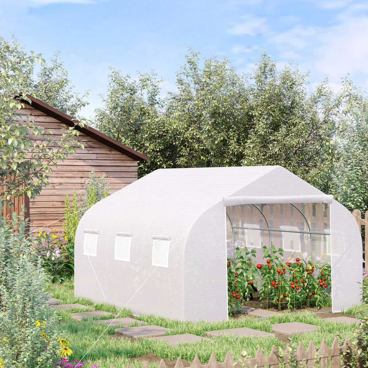 Walk-In Polytunnel Greenhouse, Warm House Garden Tunnel Shelter Plant Shed with Door and Windows