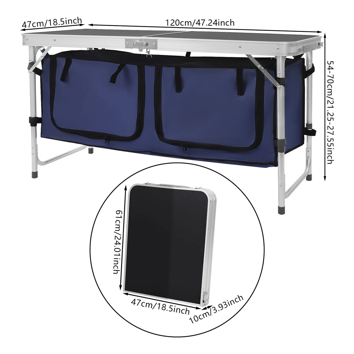 3 Height Adjustable Folding Camping Table Aluminium Storage Bags 35kg for Picnic BBQ Outdoor Garden Party