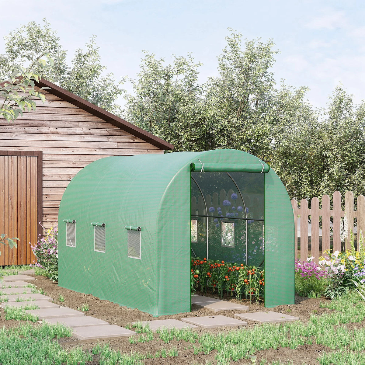 Walk In Polytunnel Greenhouse 3.5x2m with Steel Frame Metal Support Rods Roll Up Door and Mesh Windows Green