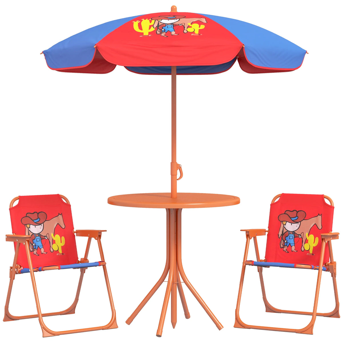 Kids Bistro Table and Chair Set Cowboy Theme with Adjustable Parasol 86-122cm and Folding Safety Lock Chairs
