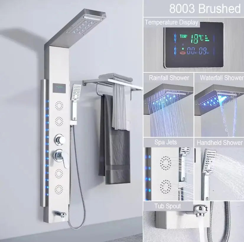 Rain Waterfall LED Shower Panel | Digital Temp Display Shower Column Tower with Bidet