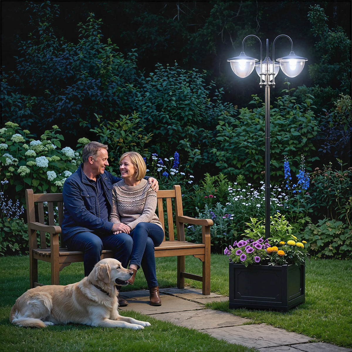189cm 3-Head Solar Lamp Post with Planter, Dusk to Dawn