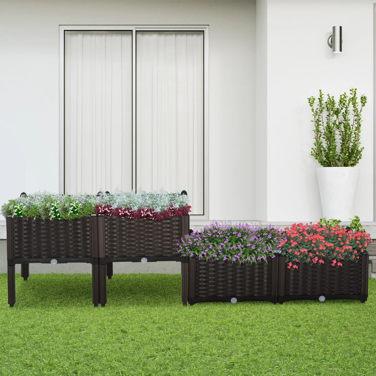 Set of 4 26L Garden Raised Bed Elevated Patio Flower Plant Planter Box PP Vegetables Planting Container, Brown