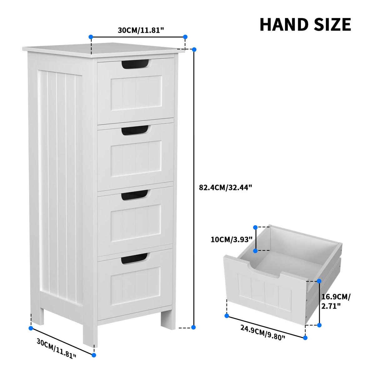 4 Drawer Bathroom Storage Cabinet 30x30x82cm White MDF Freestanding for Bathroom Bedroom Hallway