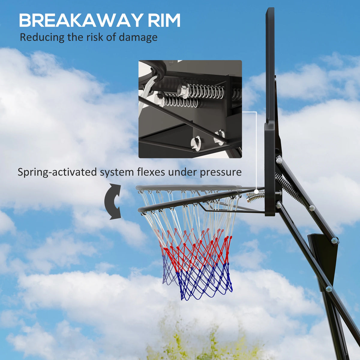Basketball Hoop Outdoor, Height Adjustable, Rebound System, Weighted Base, Portable, Wheels, 2.45-3.05m, Black