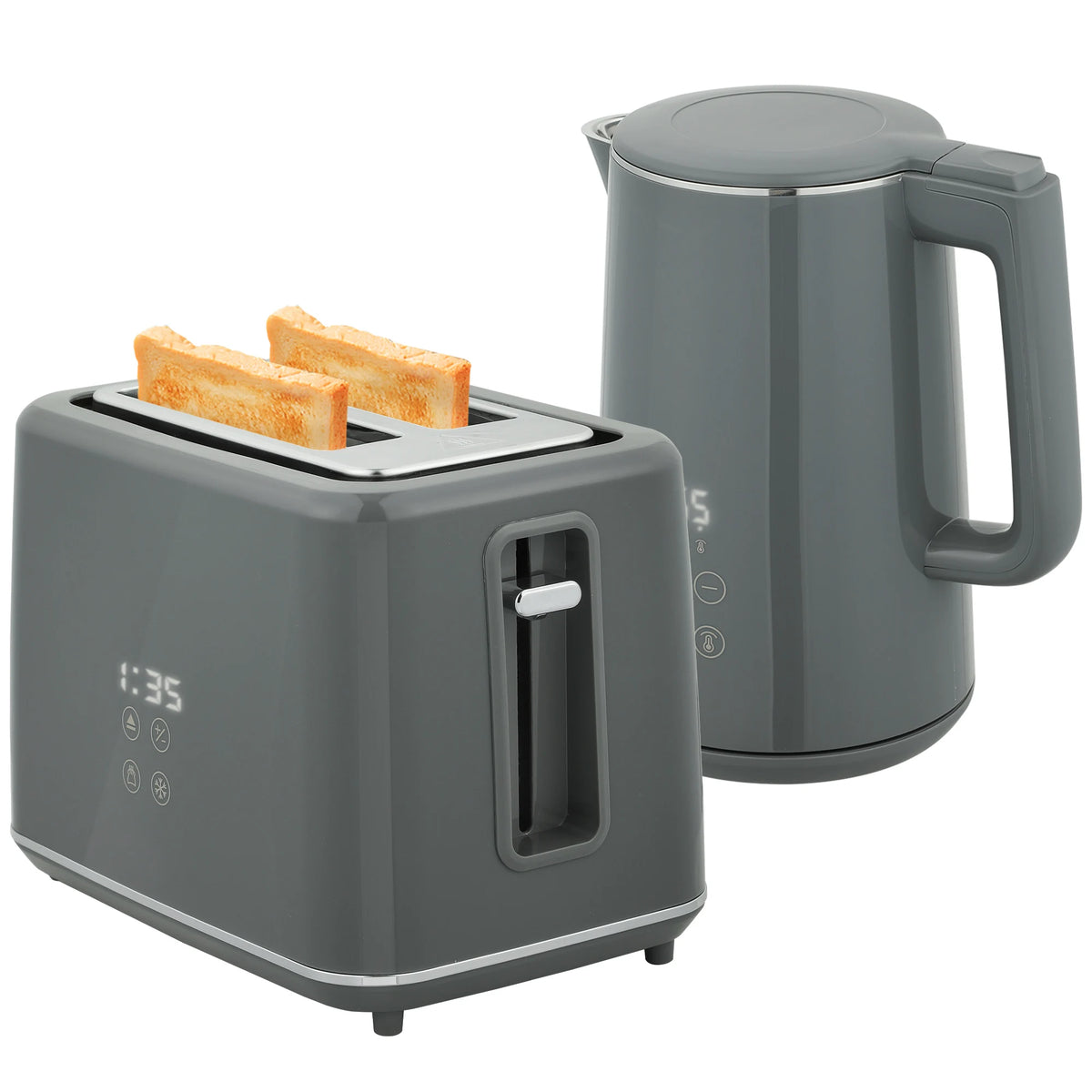 1.5L 3000W Fast Boil Kettle and 2-Slice Toaster Set with Insulation, Grey