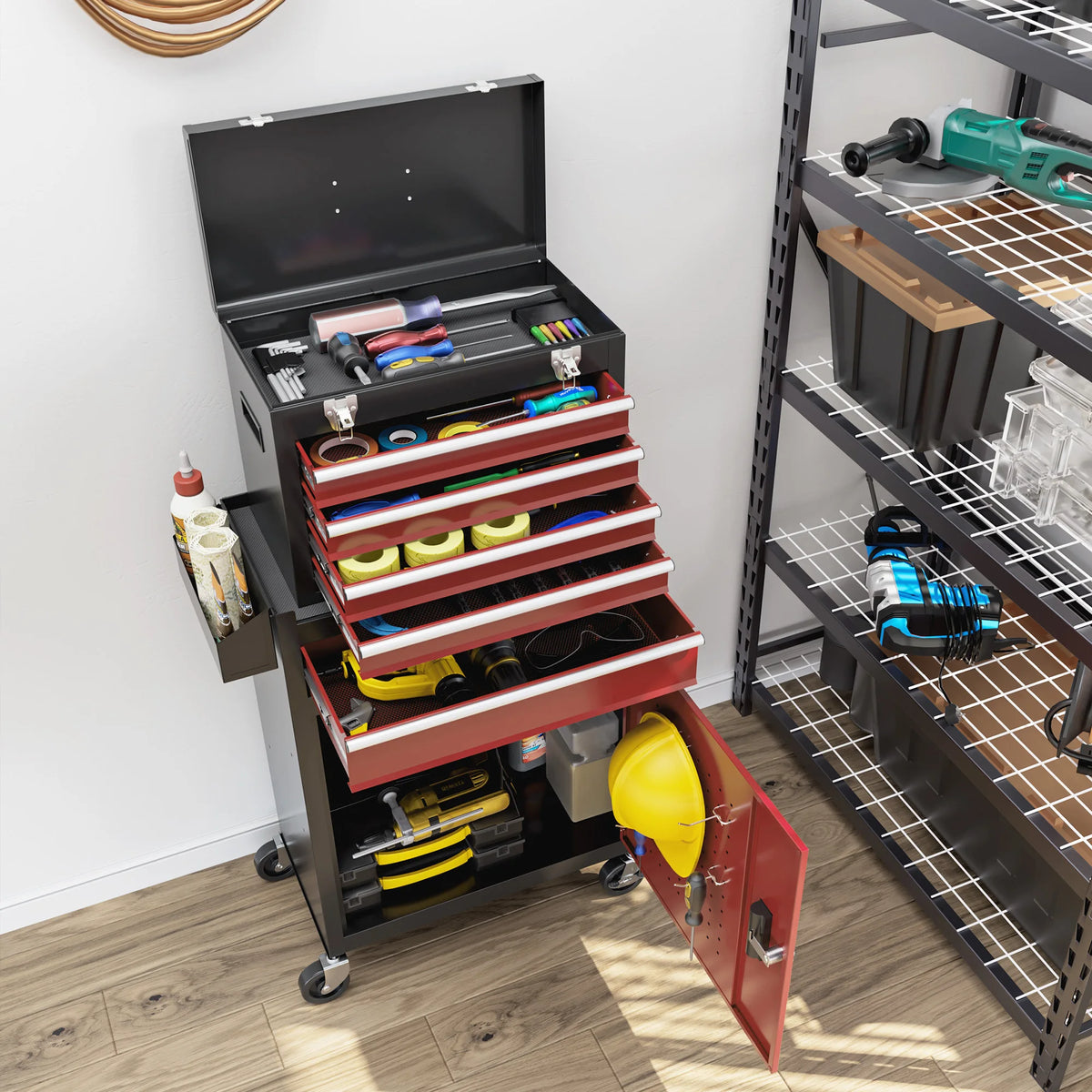 Rolling Tool Cabinet with Top Chest, 5 Drawers and Lockable Cupboard, Red and Black