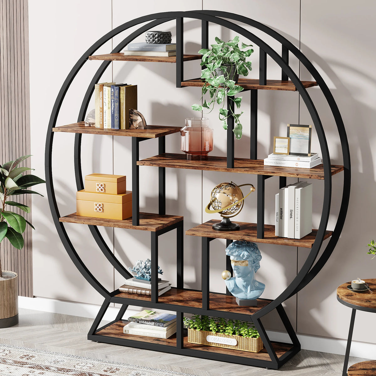 63 Inch Round Industrial Bookshelf with 14 Staggered Shelves | Rustic Brown and Black Etagere Bookcase
