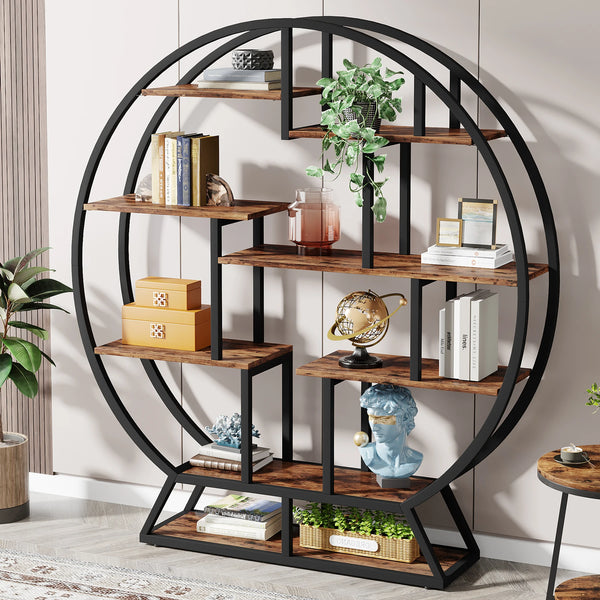 63 Inch Round Industrial Bookshelf with 14 Staggered Shelves | Rustic Brown and Black Etagere Bookcase