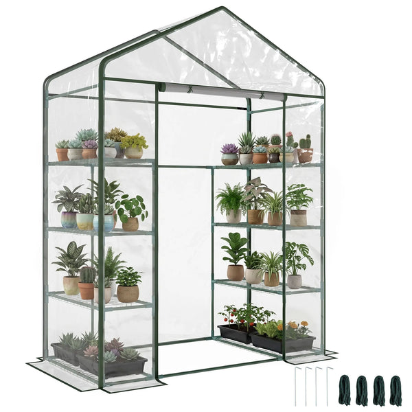 Walk In Greenhouse with 8 Grid Metal Rack Clear PVC Film Cover Steel Pipe Frame Transparent Grow House