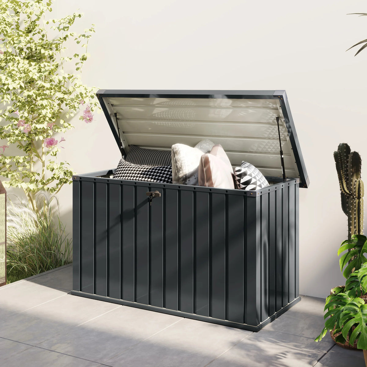 400L Metal Garden Storage Box with Lockable Gas-Lift Lid, Dark Grey