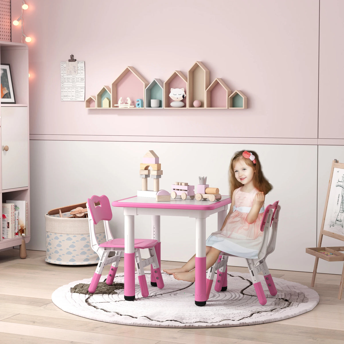 Kids Table and Chair Set, Height Adjustable, Easy to Wipe, Pink