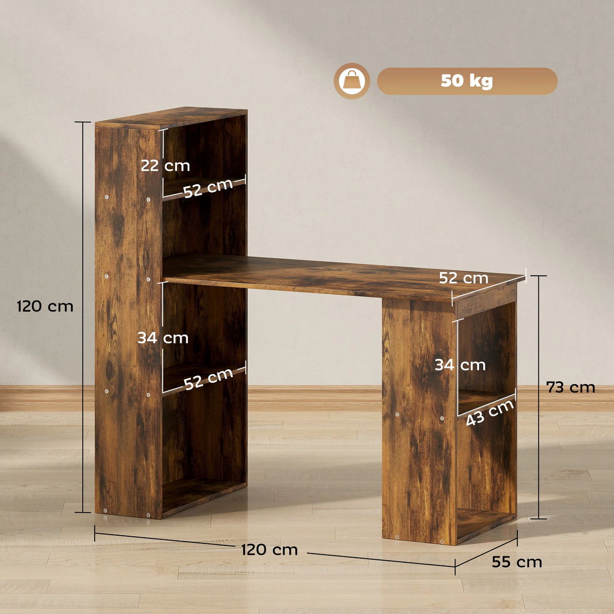 120cm Computer Desk with Bookshelf, 6-Shelf Writing Table