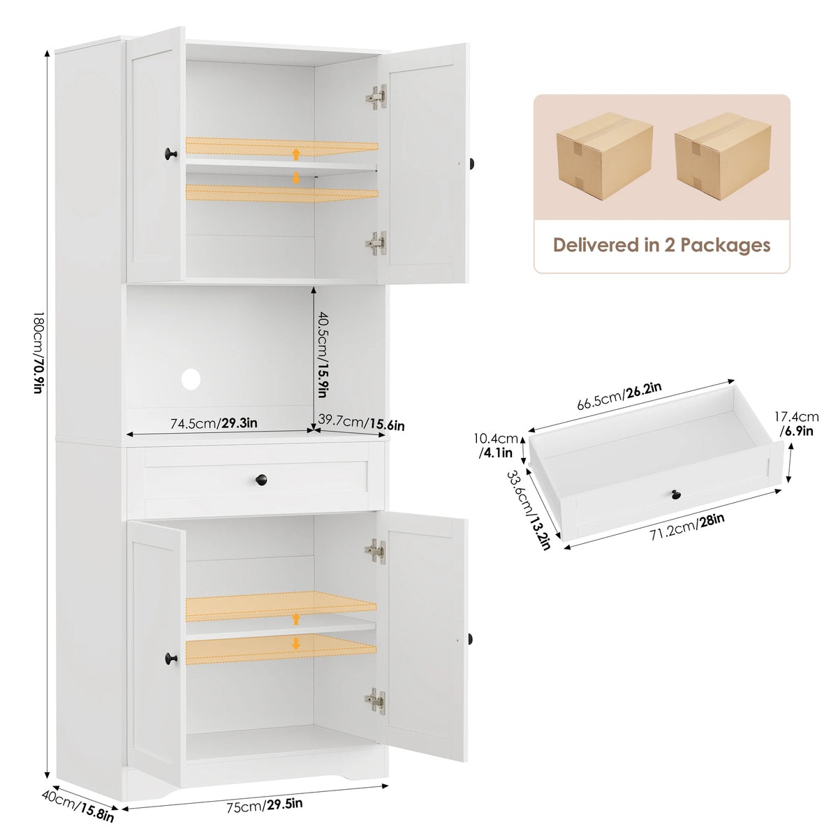 180cm Tall Kitchen Cupboard with Large Countertop and 4 Doors | White or Black Pantry Cabinet with Drawer and Adjustable Shelves