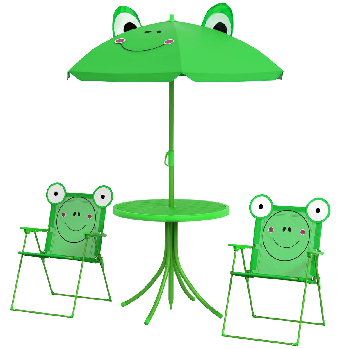 Kids Folding Picnic Table and Chair Set with Parasol Frog Design 2 Deck Chairs Metal Frame Green