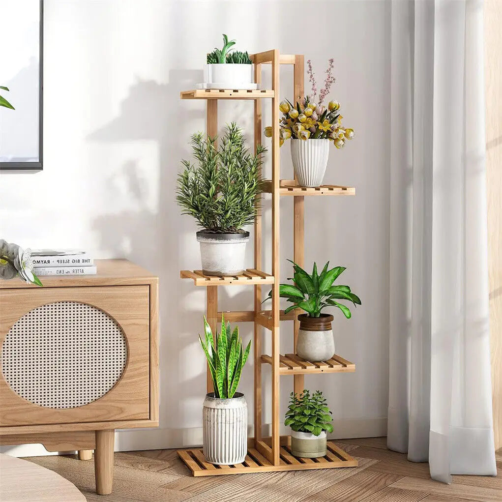 Tall Bamboo Plant Stand Flower Display Rack 5 or 6 Tier Indoor Outdoor Garden Storage Home Decor