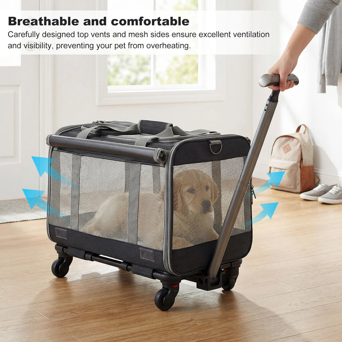 Expandable Pet Travel Carrier with Detachable Wheels Telescopic Handle for Cats and Small Dogs 47x39x30cm