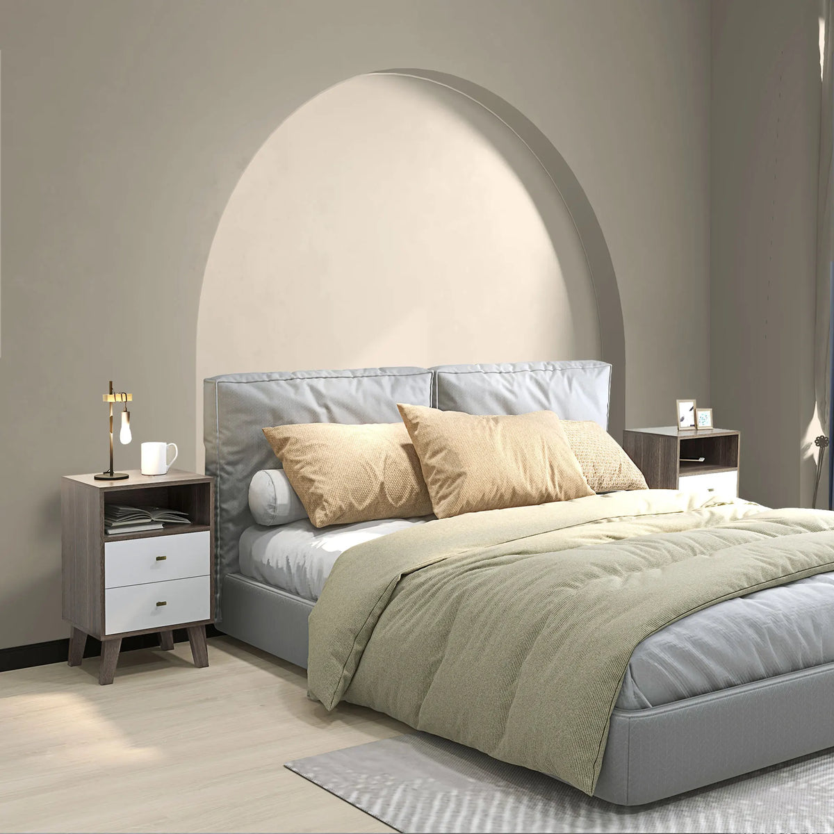 Bedside Tables Set of 2 with 2 Drawers and Open Shelf, White and Grey