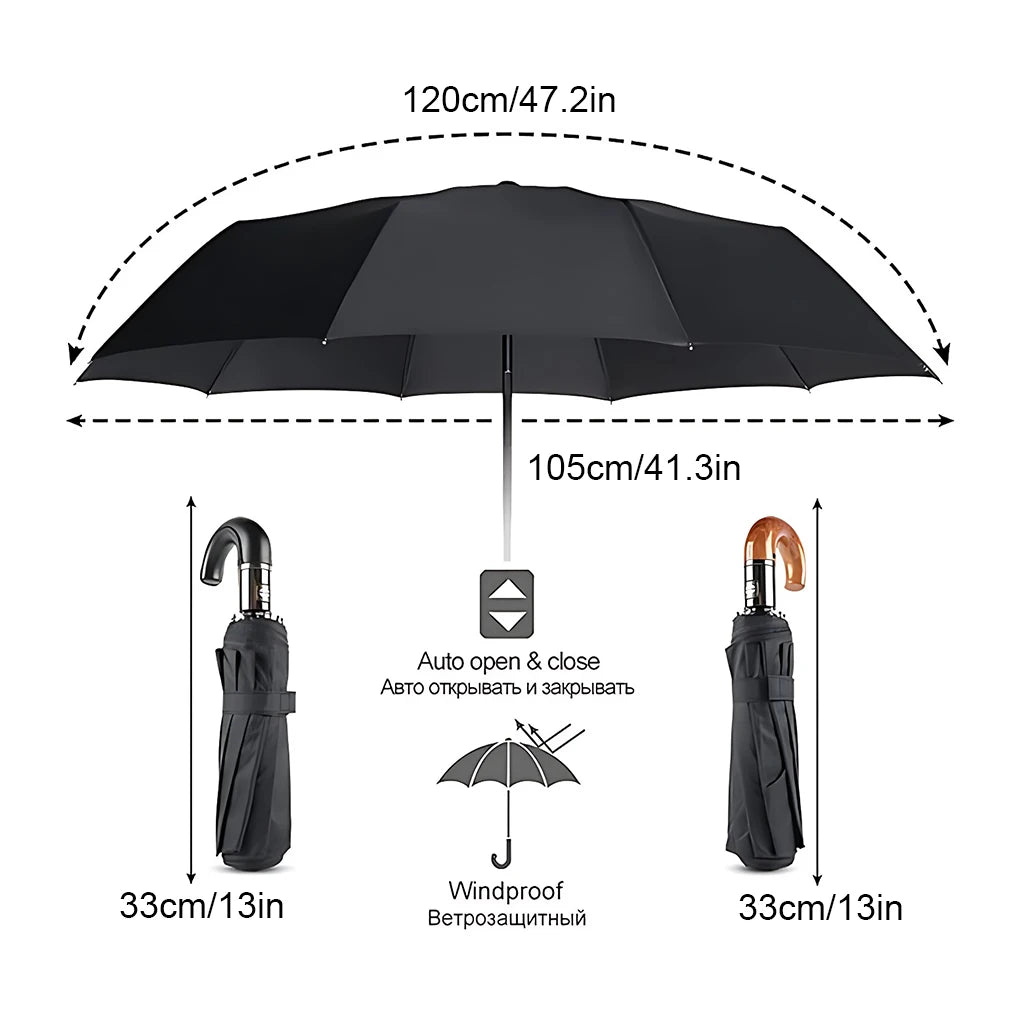 Automatic Folding Travel Umbrella, Windproof Compact Rain Umbrella, Black