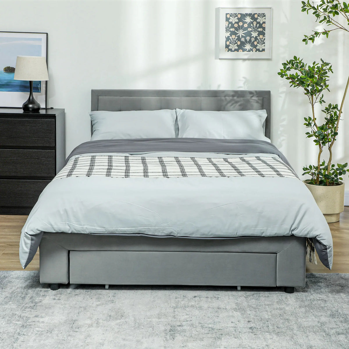 Double Ottoman Bed Frame with Hydraulic Lift Storage 140x193.5cm Wheeled Front Drawer Adjustable Velvet Headboard