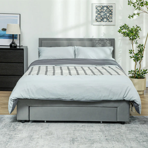 Double Ottoman Bed Frame with Hydraulic Lift Storage 140x193.5cm Wheeled Front Drawer Adjustable Velvet Headboard