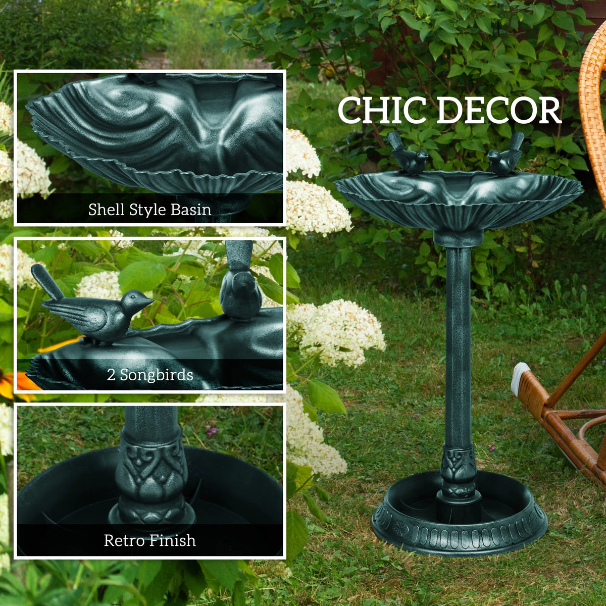 81cm Tall Bird Bath with 2 Decorative Bird Statues for Garden, Green