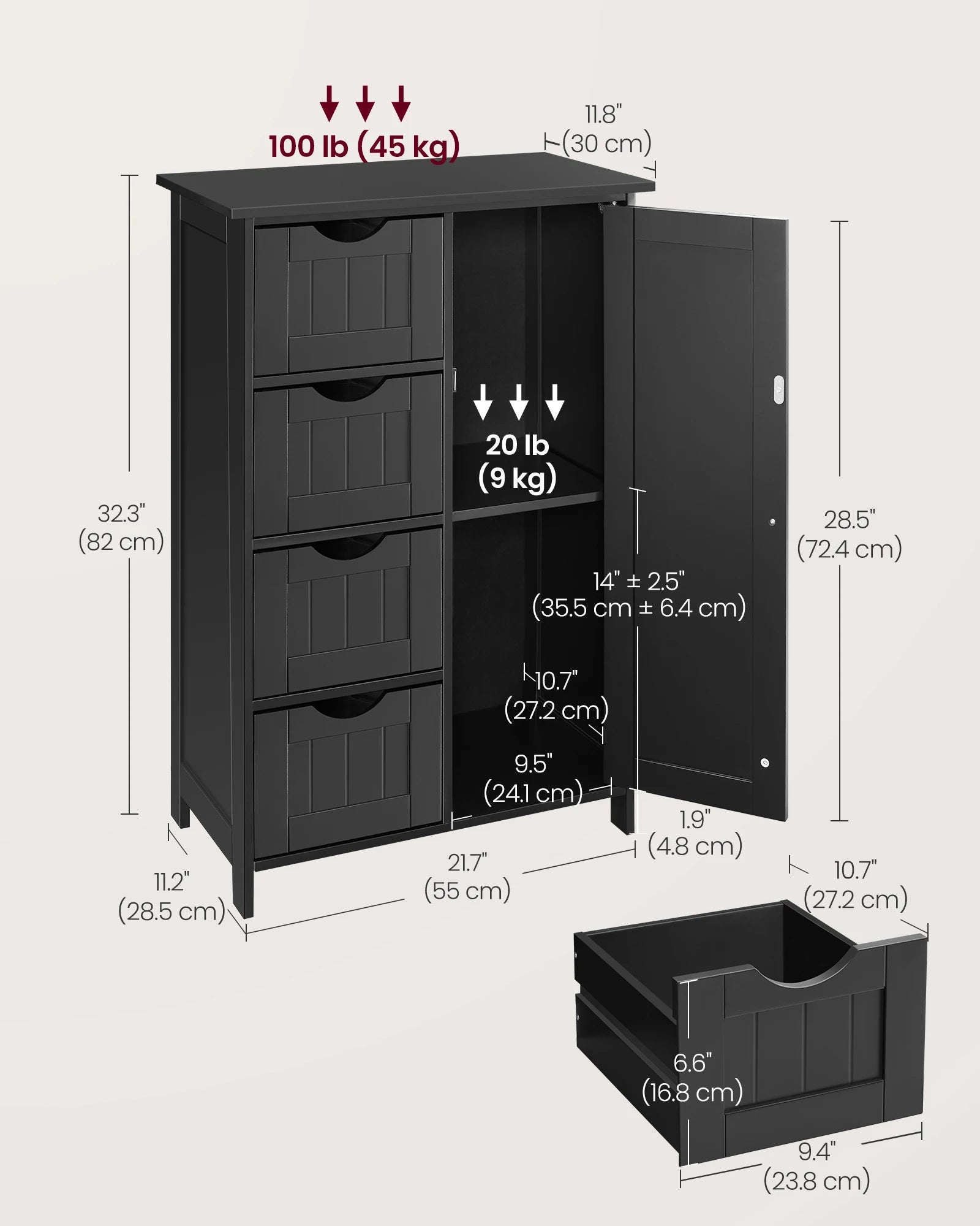 Black Bathroom Floor Cabinet with 4 Drawers and Adjustable Shelf | 30x55x82cm Freestanding Storage Unit with Door