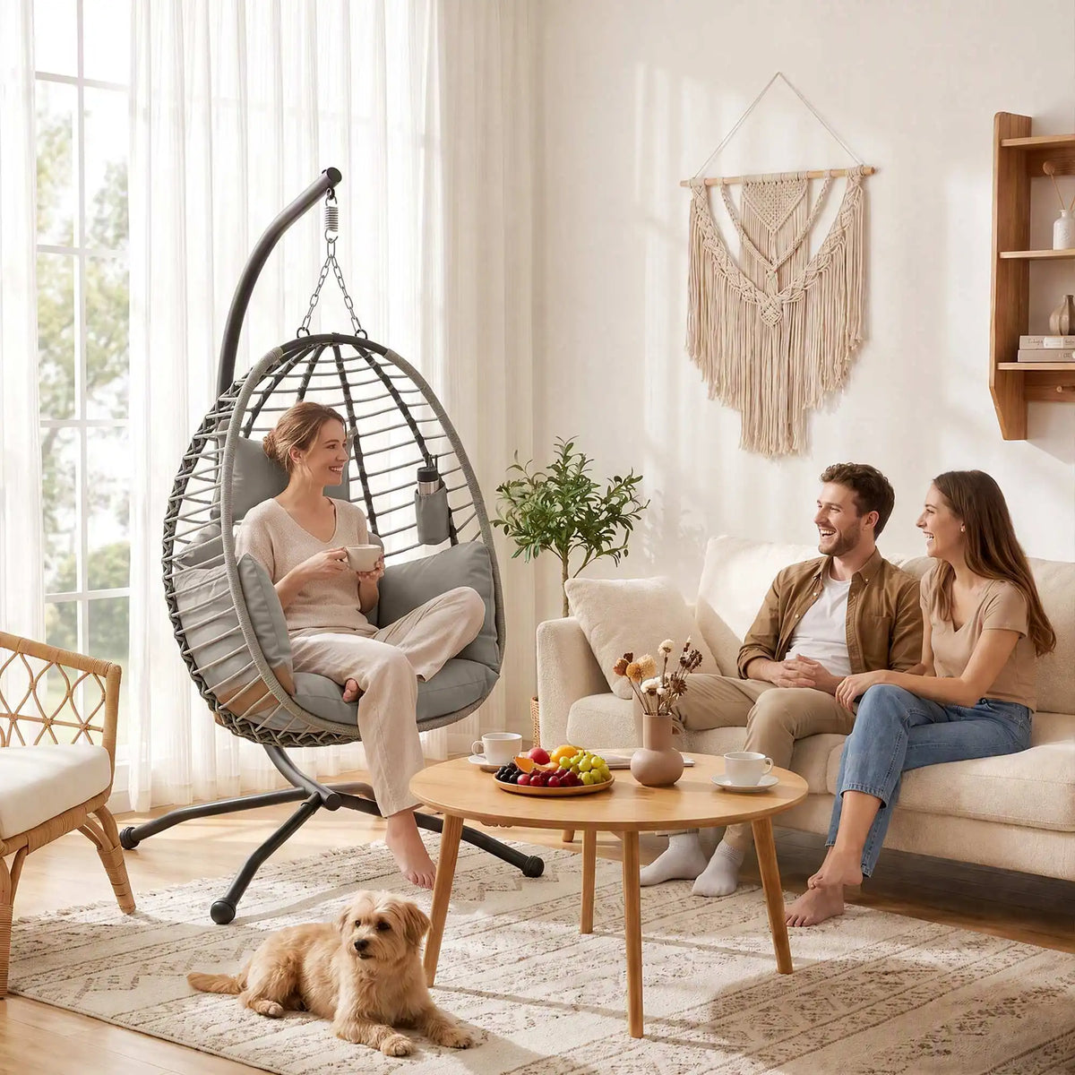 Hanging Swing Chair with Thick Padded Cushion and Cup Holder