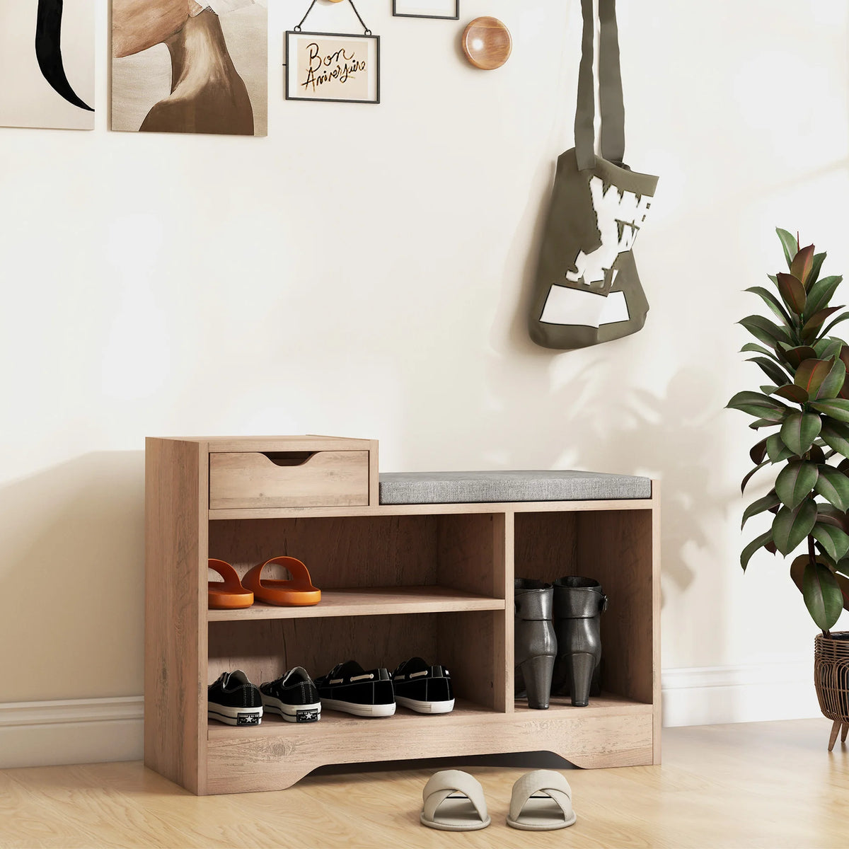 Upholstered Hallway Shoe Storage Bench with Drawer and Open Shelves