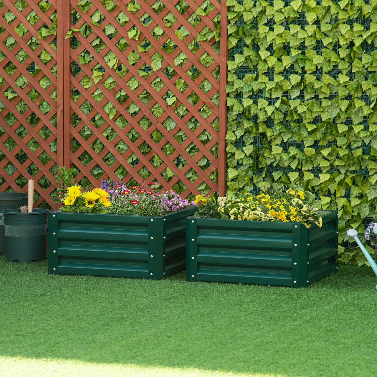 Set of 2 Raised Garden Beds, Galvanised Steel Planter Boxes, Green