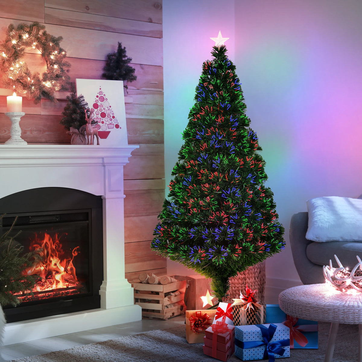 5ft Pre-Lit Fibre Optic Artificial Christmas Tree with Star Topper and Metal Stand
