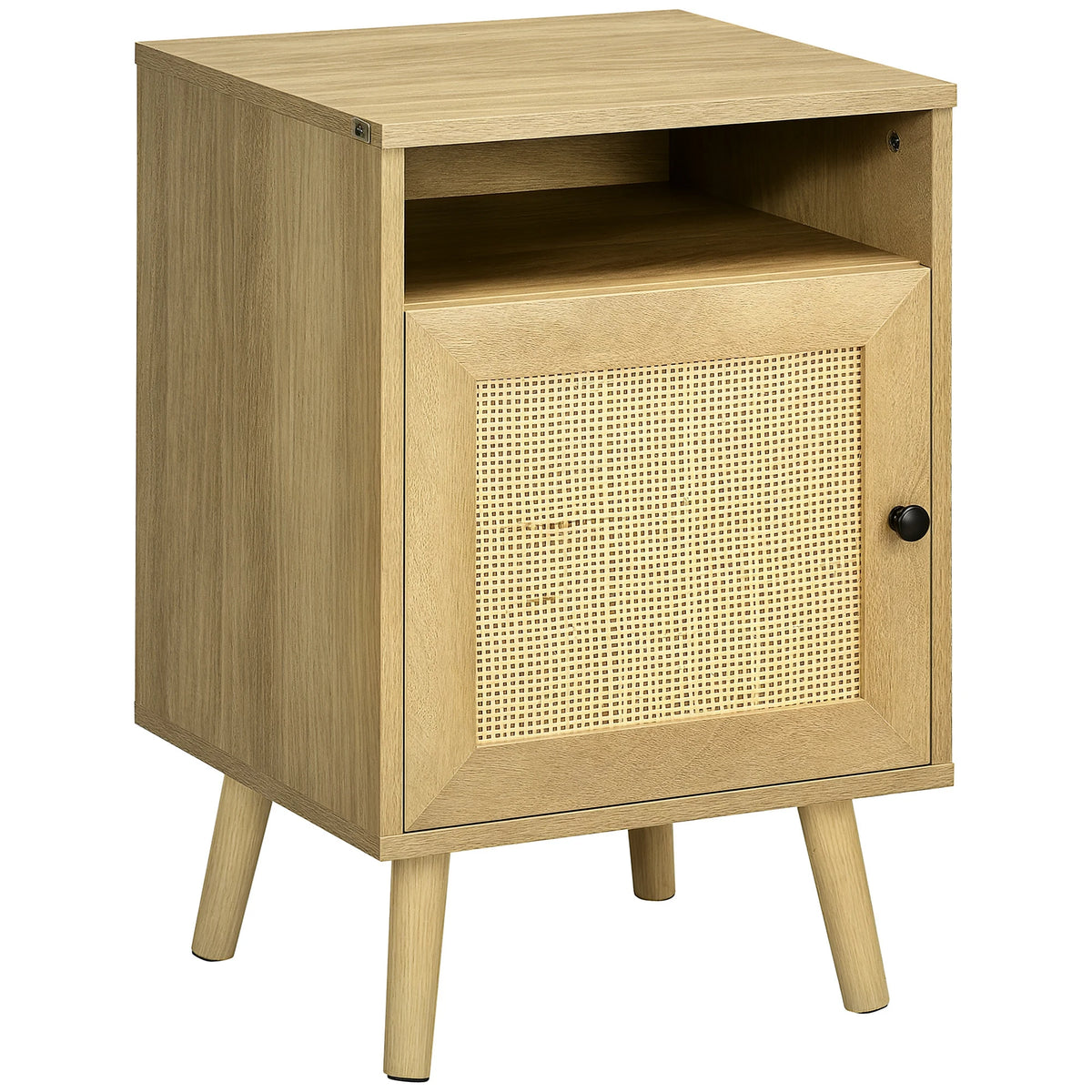 Nightstand, Rattan Bedside Table w/ Cabinet, Shelf, Natural