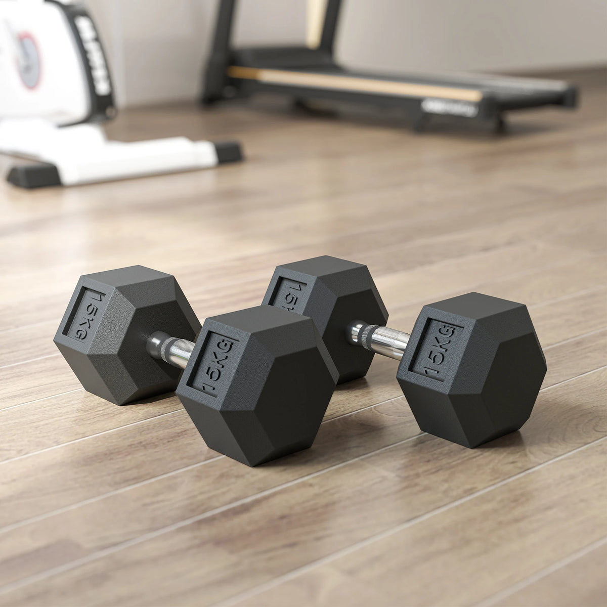 2 x 15kg Rubber Hex Dumbbells, Portable Hand Weights