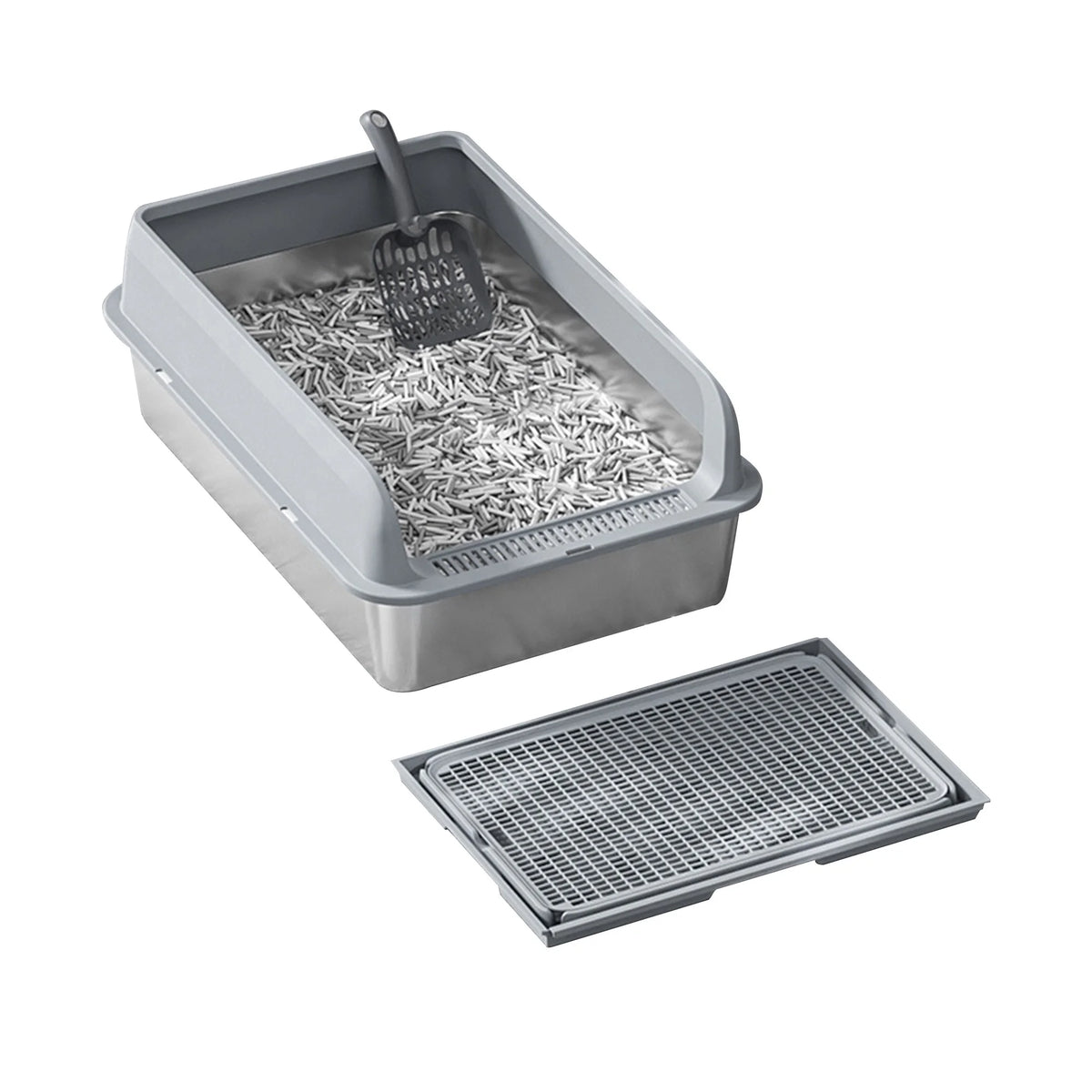 Stainless Steel Cat Litter Box with Lid High Sides 15.75x11.81in Double Layer Mat Non-Stick for Big Cats