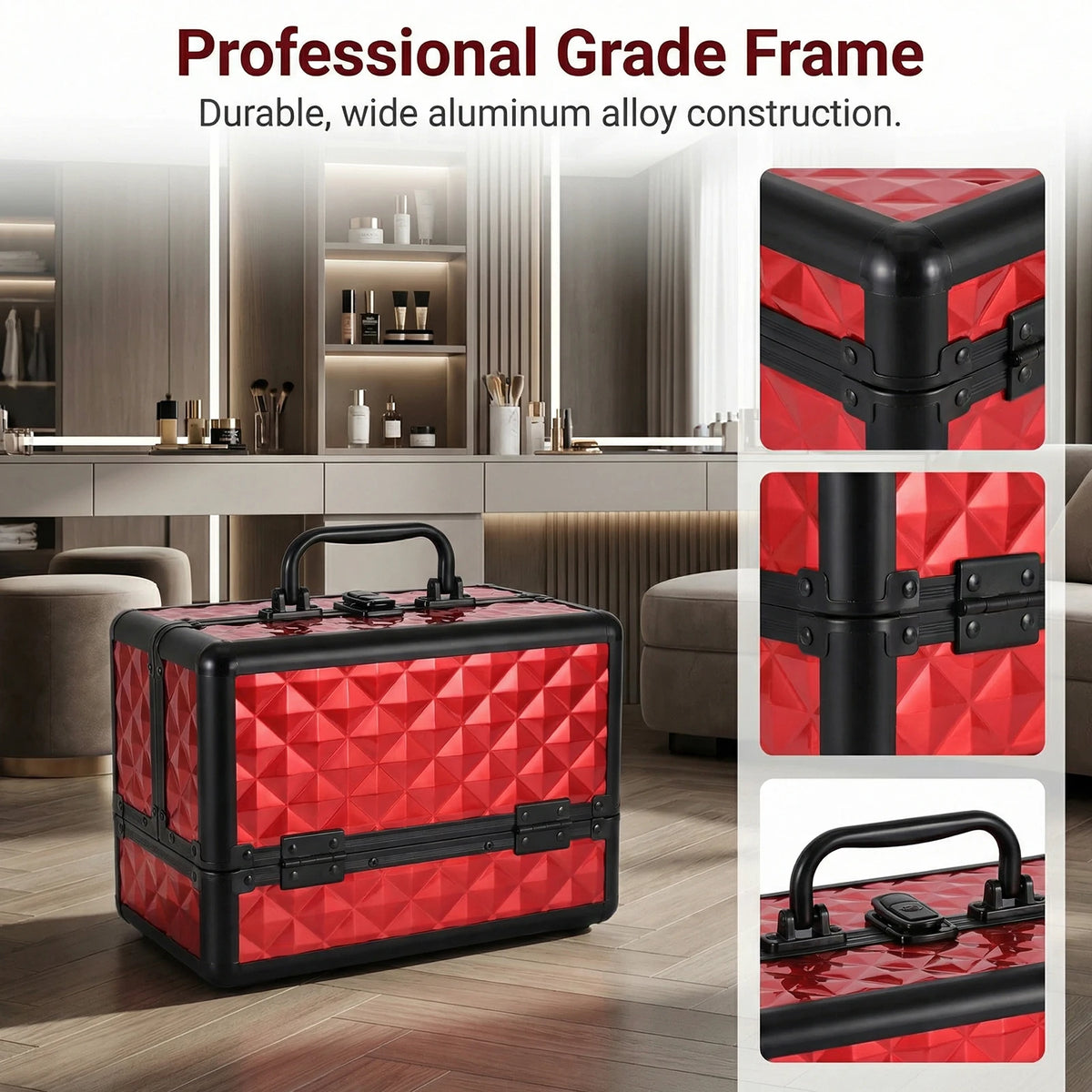 Two Layer Aluminium Alloy Makeup Case with 4 Adjustable Trays 2 Removable Dividers Water Cube Design Portable