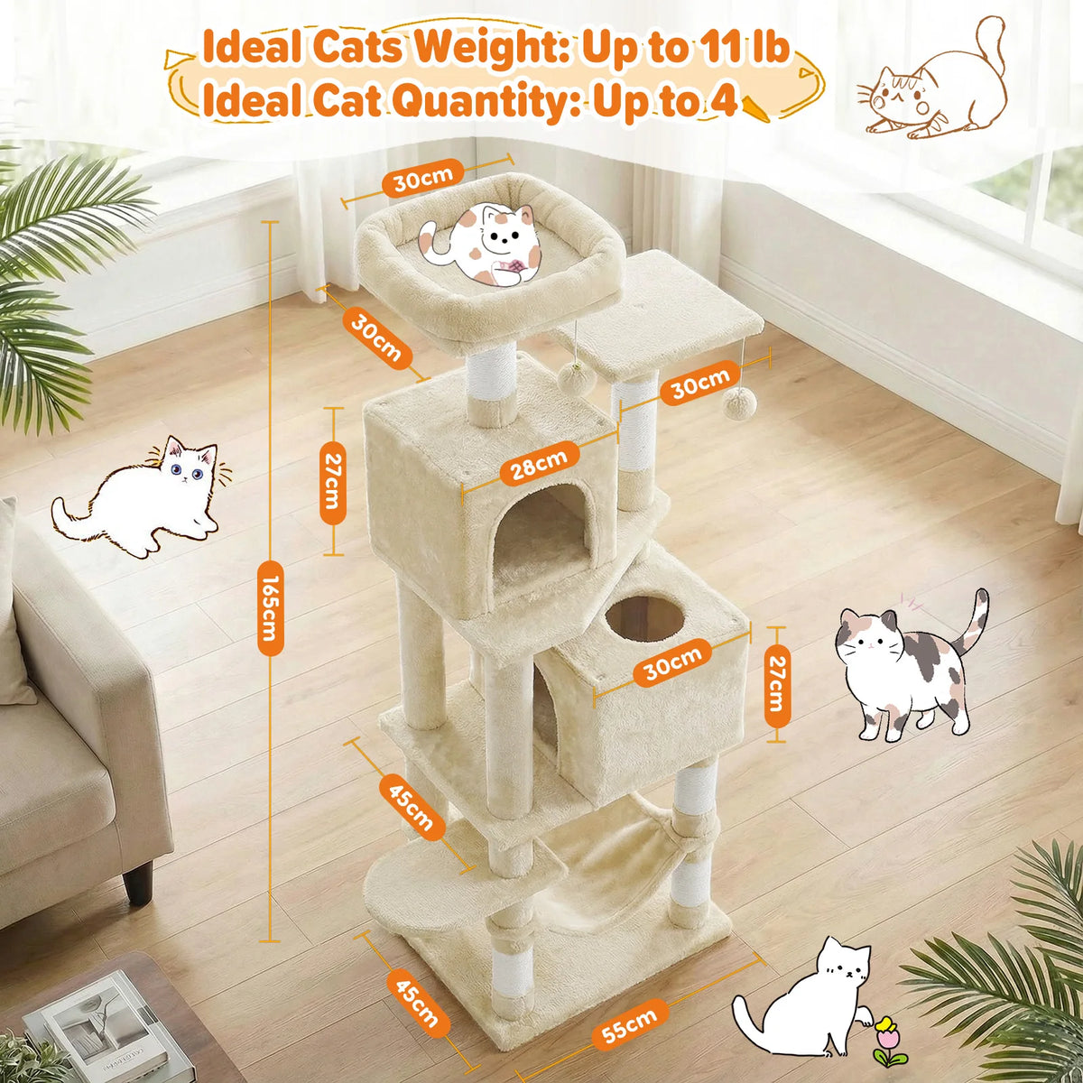 165cm Large Cat Tree Tower 7 Level Sisal Scratching Posts Hammock Padded Perches Condos for Cats