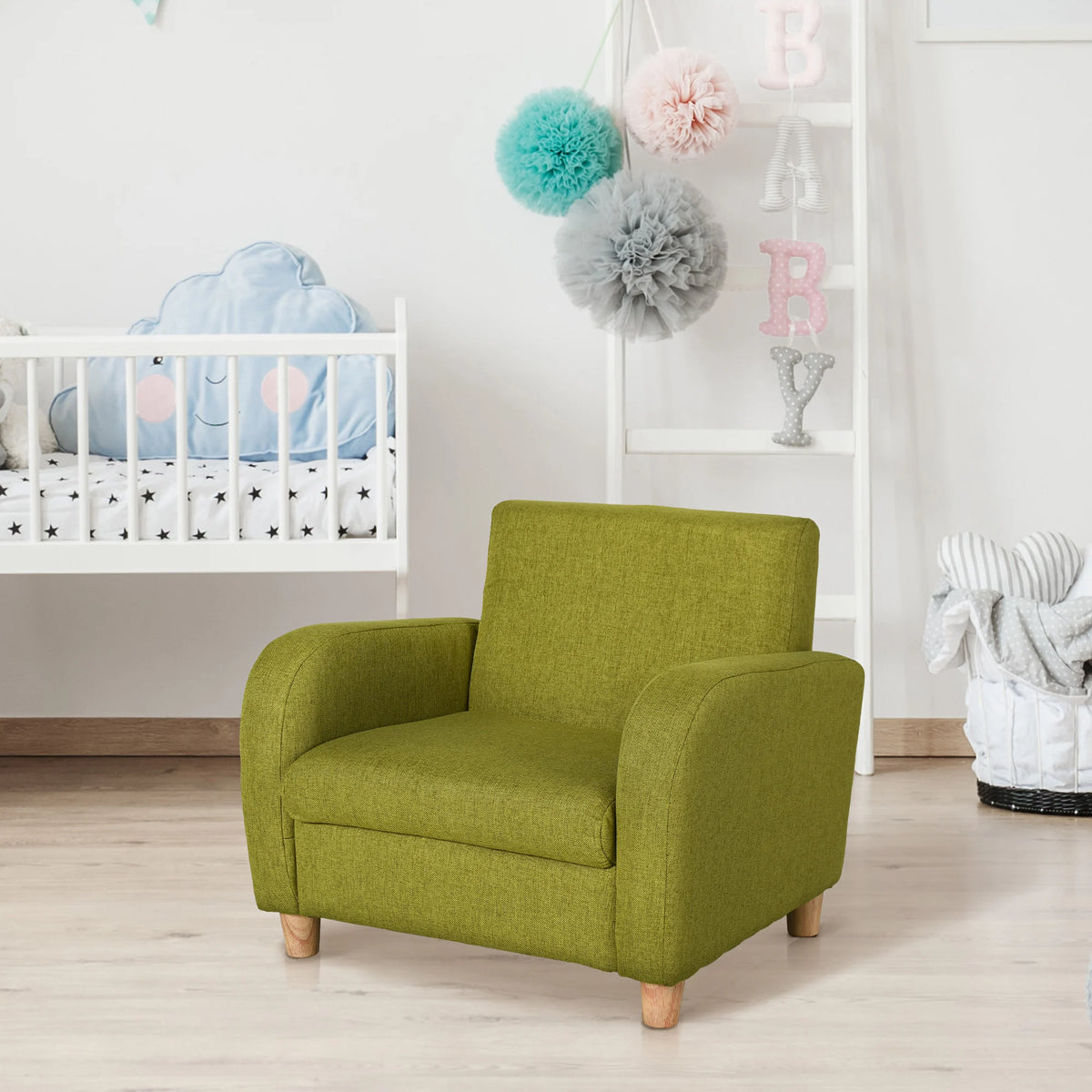 Kids Armchair with Wood Frame High Armrests Linen Upholstery and Anti Slip Stump Feet for Playroom