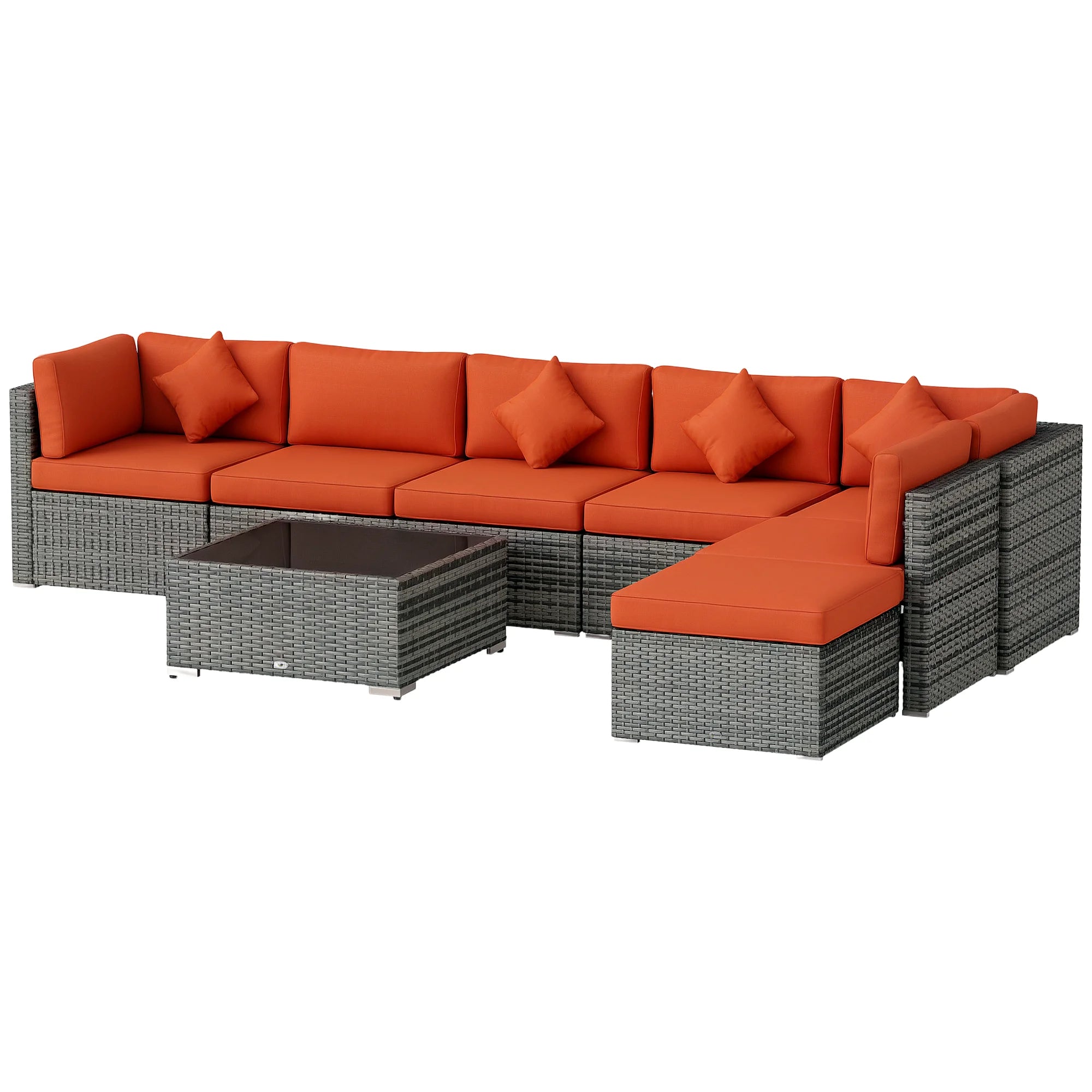 8-Piece Aluminium Rattan Corner Sofa Set with Glass Top Coffee Table, Cushions and Footstool