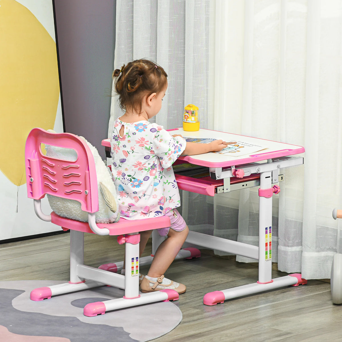Kids Desk and Chair Set Height Adjustable 52-77cm with 45 Degree Tilting Top Drawer 2 Pen Slots and Hook