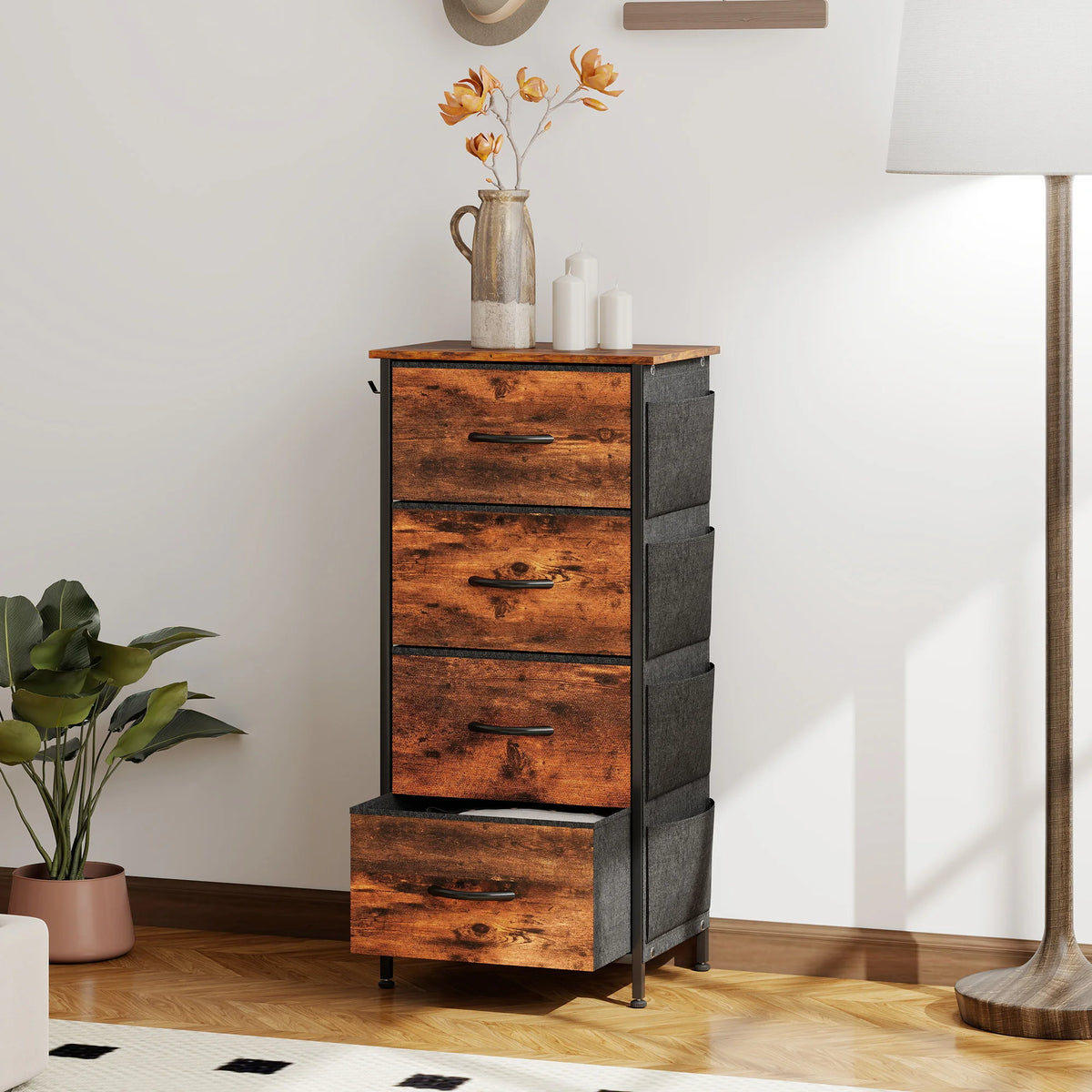 Fabric Chest of 4 Drawers with Side Pockets and Hooks, Rustic Brown and Black