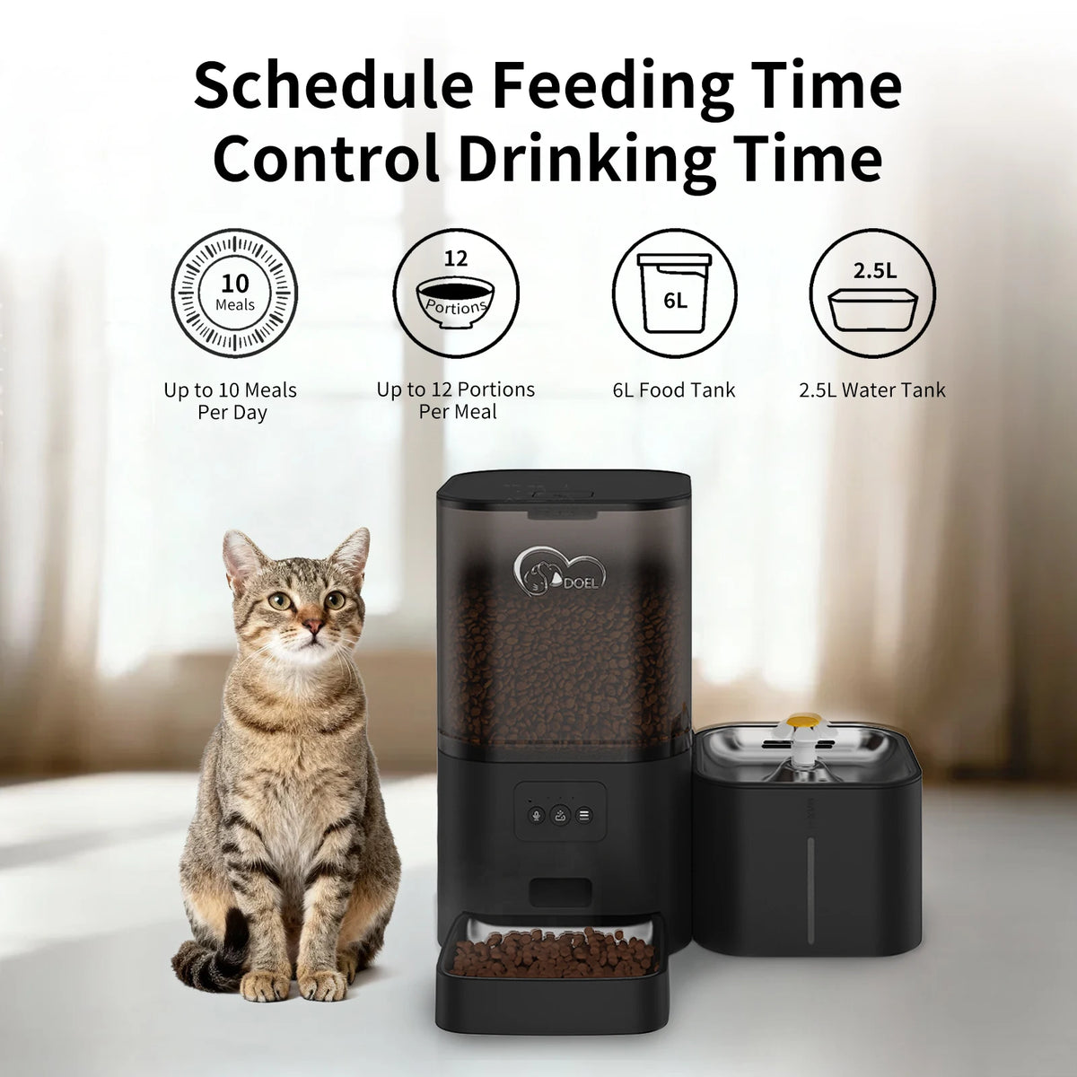 2 in 1 Smart Cat Feeder 6L Automatic Food Dispenser with 2.5L Water Fountain App Control Timed Feeding