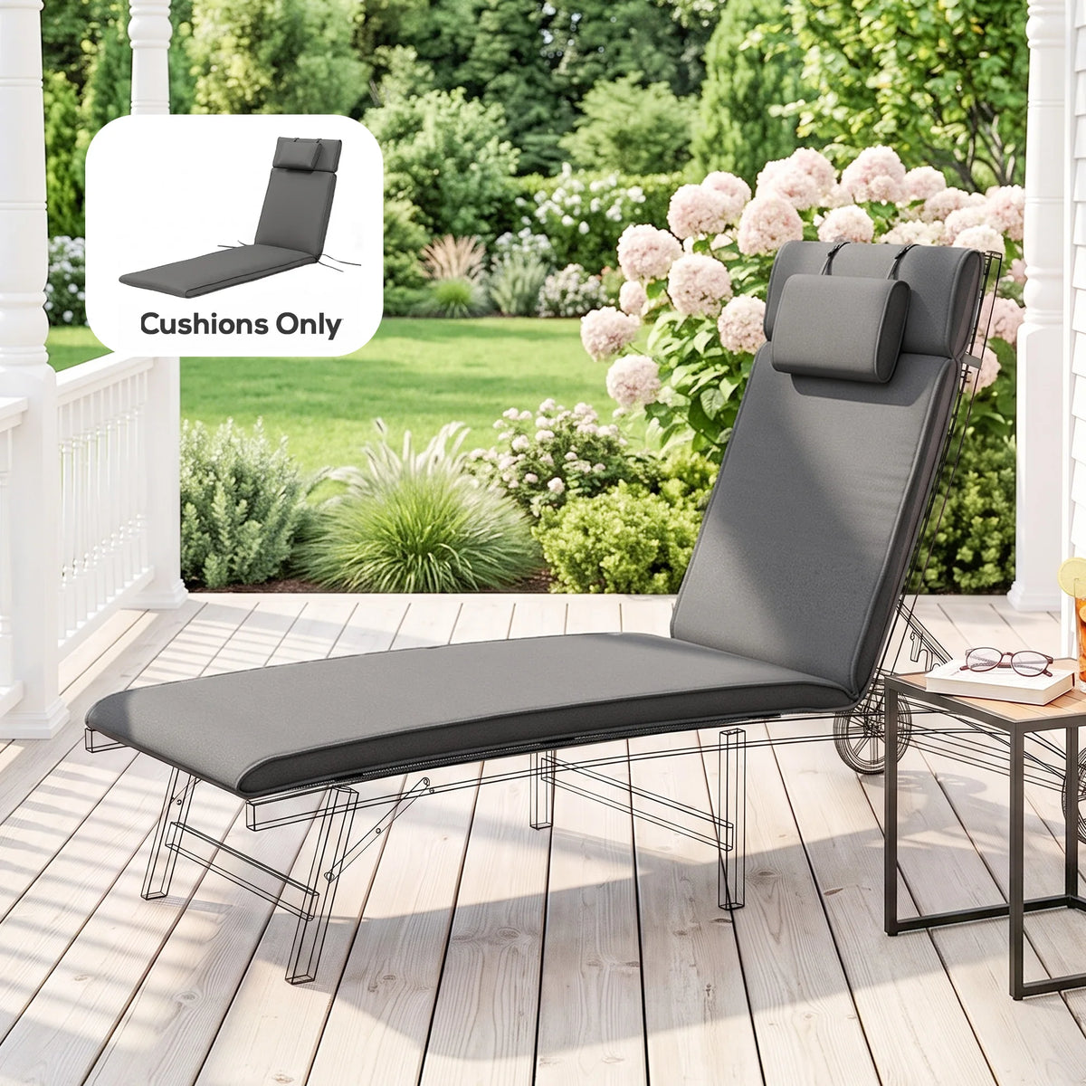 Garden Sun Lounger Cushion Only, Soft Reclining Padded with Pillow, Grey