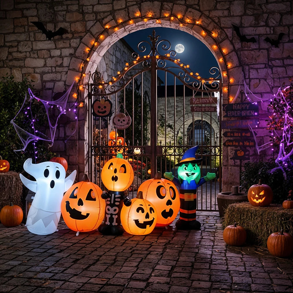 8ft Halloween Inflatable Pumpkin, Witch and Ghost Decoration with LED Lights