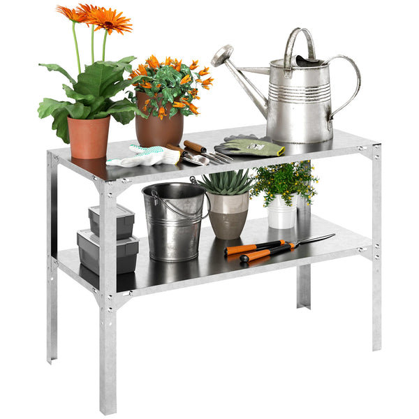 2 Tier Potting Bench Table, Galvanised Steel Planting Work Bench, Silver Tone