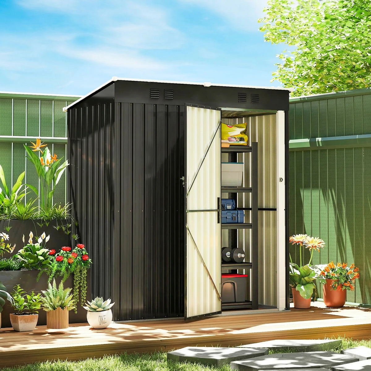 Lean-to Metal Garden Shed with Lockable Door and Vents, 5 x 3ft