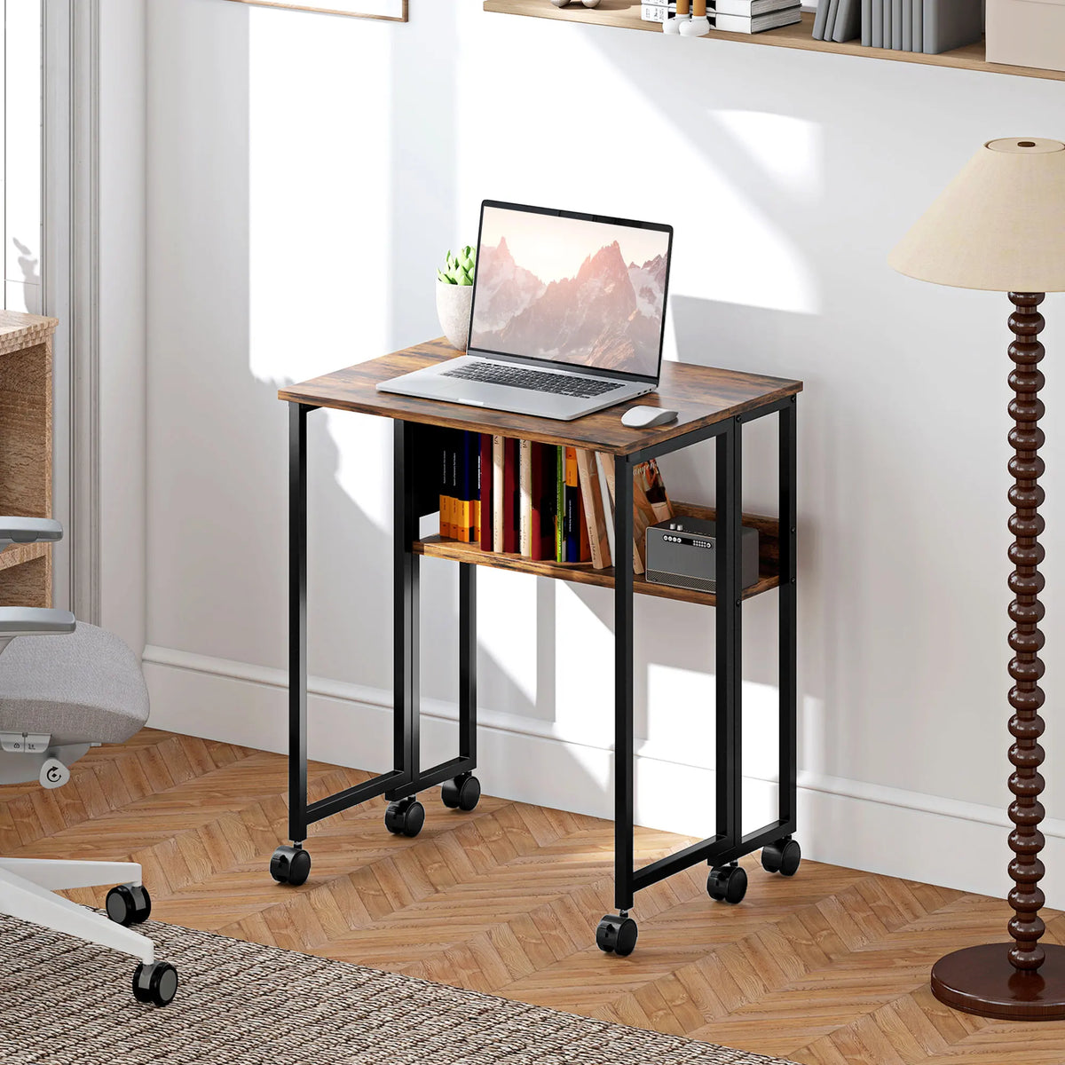 63cm Foldable Computer Desk on Wheels for Small Spaces, Rustic Brown