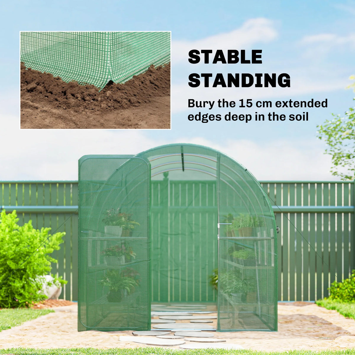2 x 3m Walk-In Polytunnel Greenhouse with Hinged Door and Mesh Windows, Green